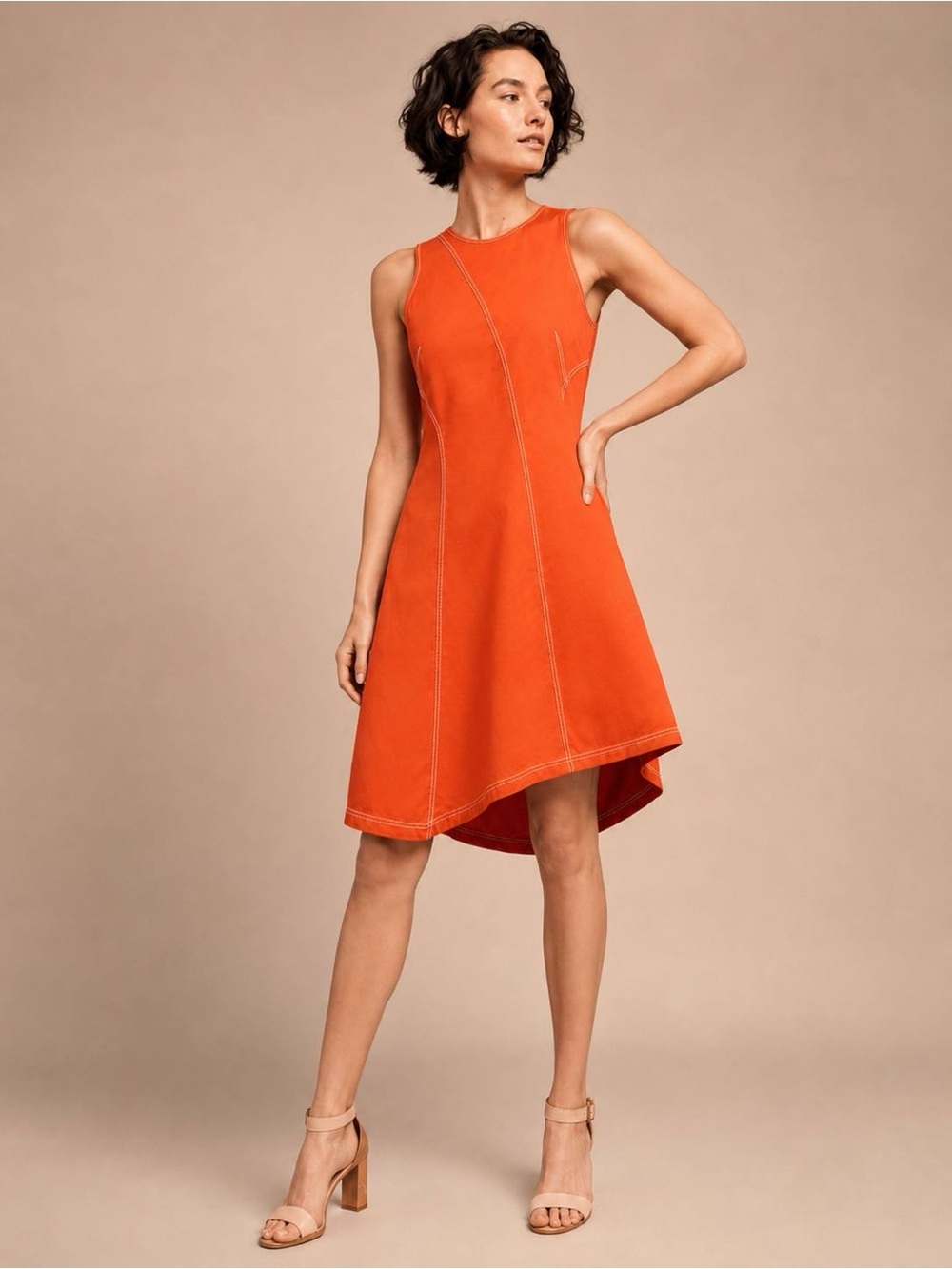 Maeve Anthropologie Dress Women Size 8 Orange Contrast Stitch Asymmetric Hem